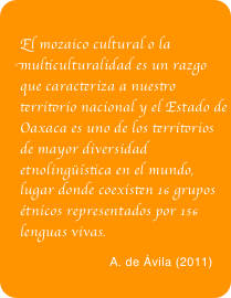 
El mozaico cultural o la multiculturalidad es un razgo que caracteriza a nuestro territorio nacional y el Estado de Oaxaca es uno de los territorios de mayor diversidad etnolingüística en el mundo, lugar donde coexisten 16 grupos étnicos representados por 156 lenguas vivas.
                        A. de Ávila (2011)